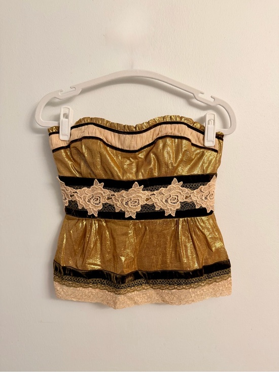 Nanette Lepore Tops - Nanette Lepore Blush Strapless Bustier with Gold Ruffle Trim Size 4